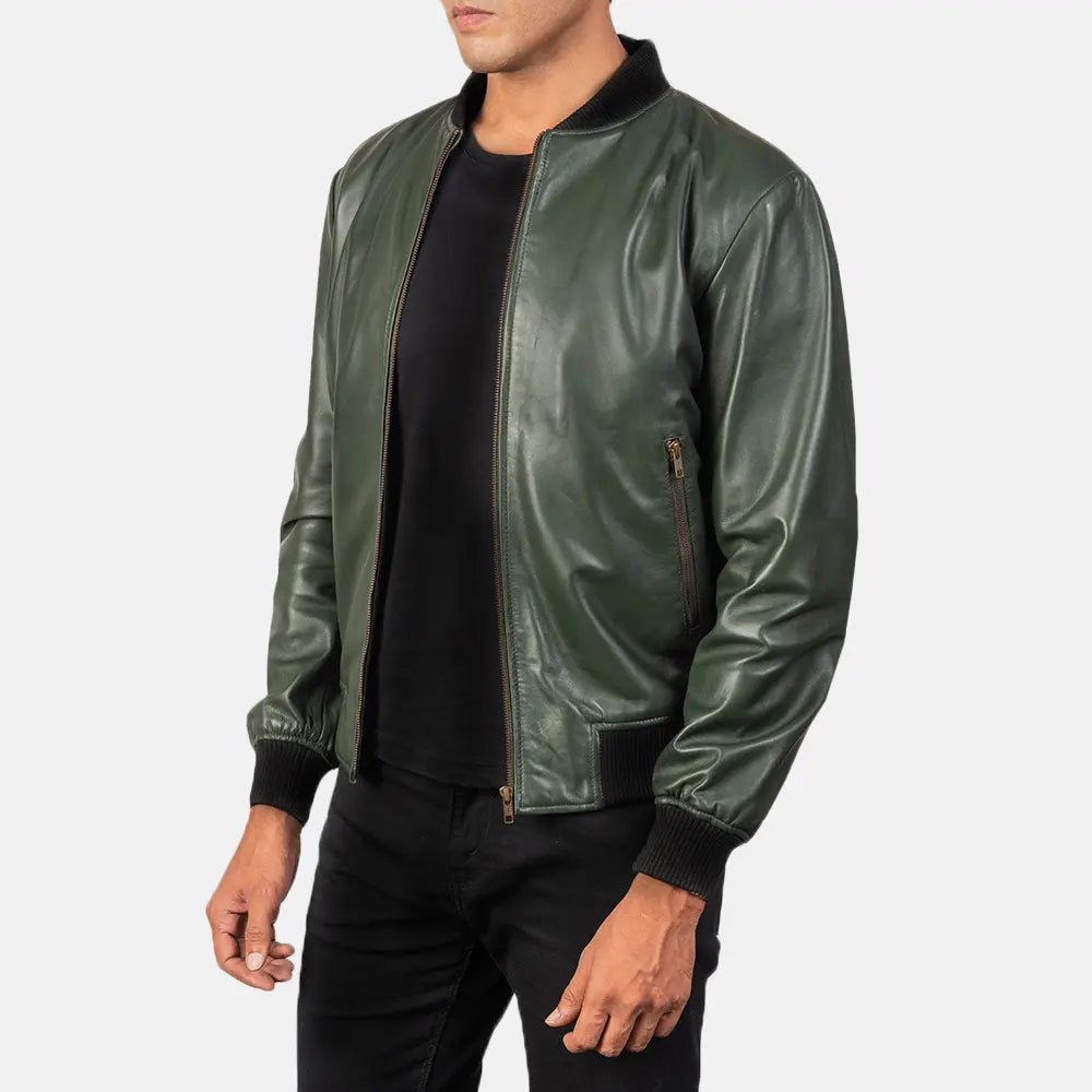 Men's Shane Green Leather Bomber Jacket, Stylish Classic Bomber Outerwear - Image 5