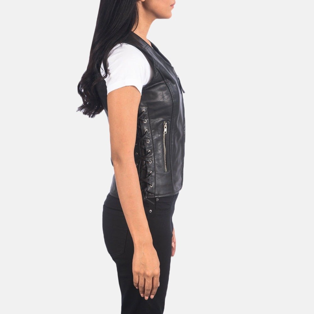 Vanda Black Leather Biker Vest, Classic Motorcycle Waistcoat, Sleeveless Moto Fashion - Image 4