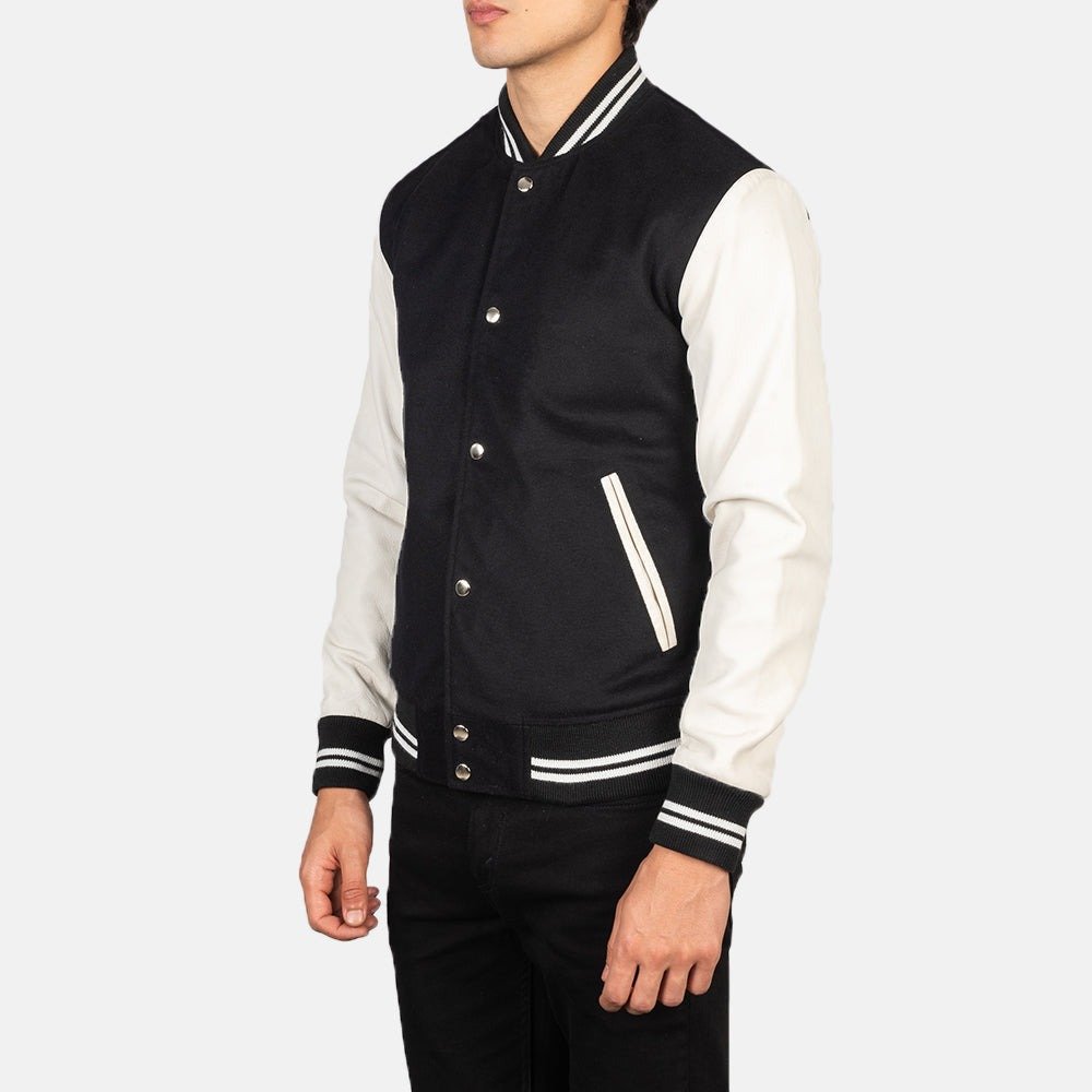 Vaxton Black & White Hybrid Varsity Jacket for Men, Classic Letterman Jacket, Two Tone Bomber Coat, Stylish Streetwear Outerwear - Image 5