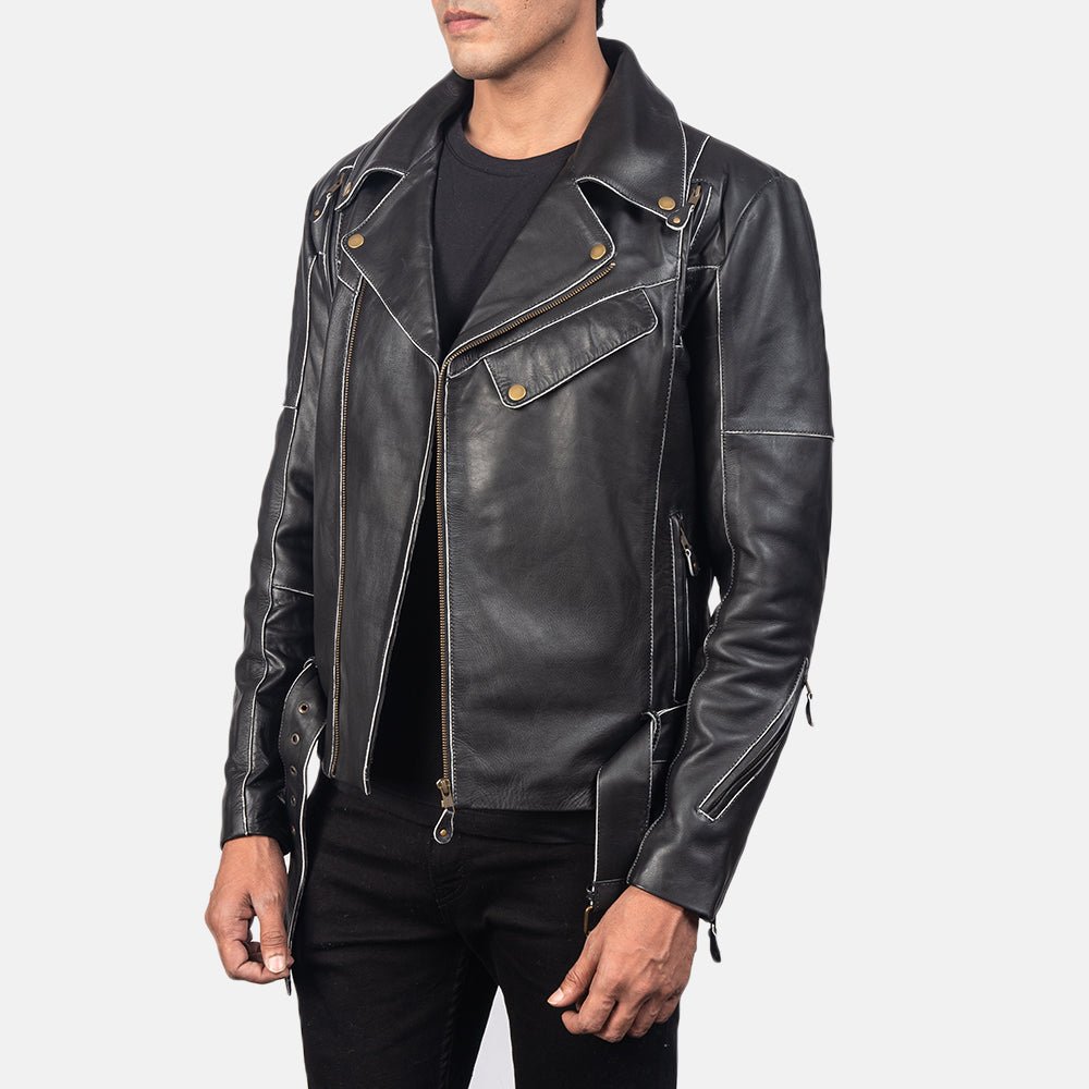 Men's Vincent Black Leather Biker Jacket, Classic Motorcycle Moto Outerwear - Image 6
