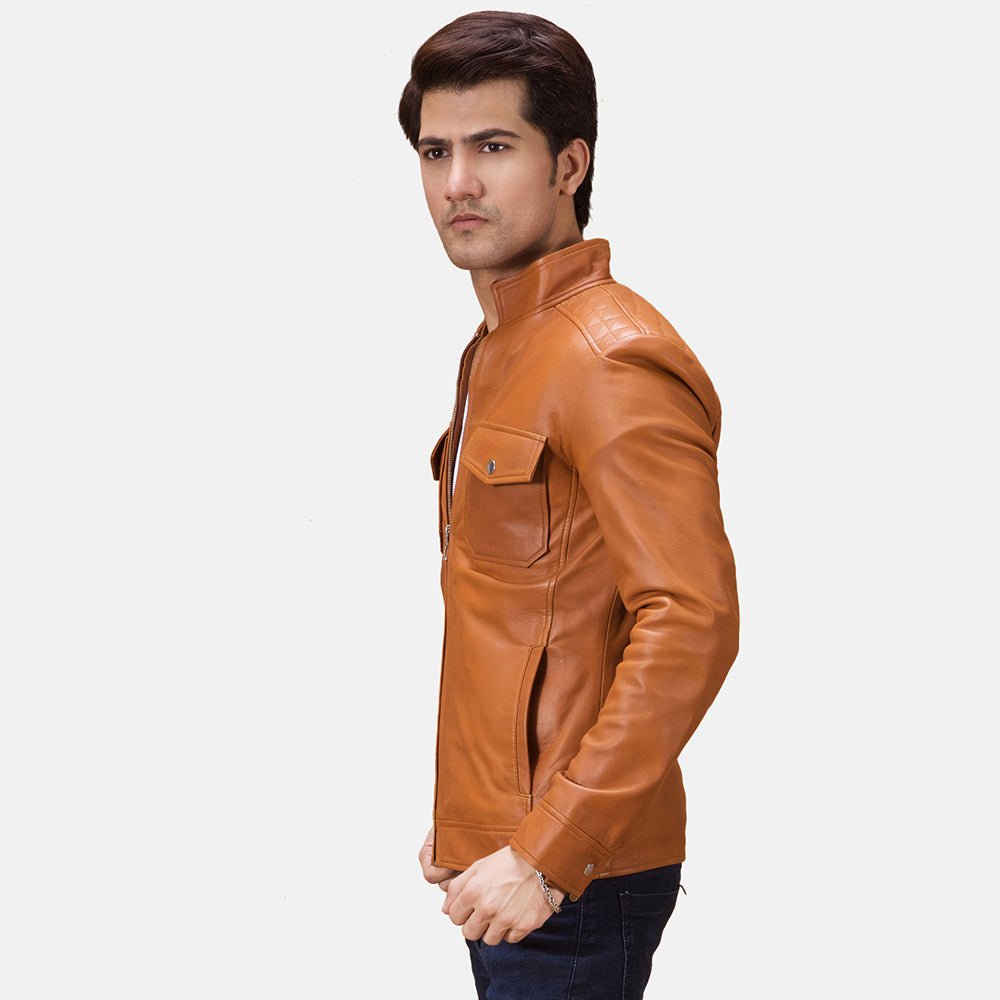 Men's Voltex Tan Leather Biker Jacket, Stylish Classic Motorcycle Outerwear - Image 4