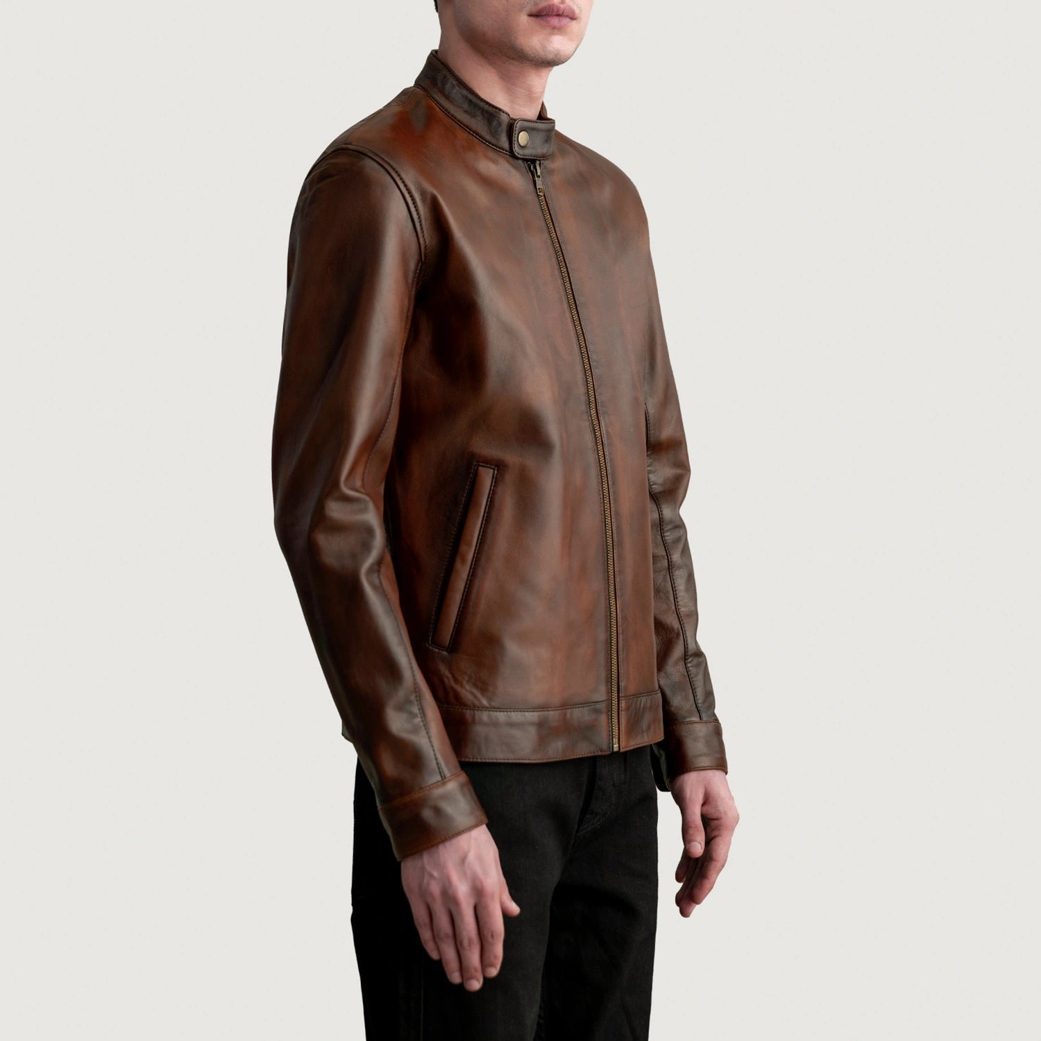 Men's Zen Distressed Brown Leather Biker Jacket, Vintage Moto Style - Image 2