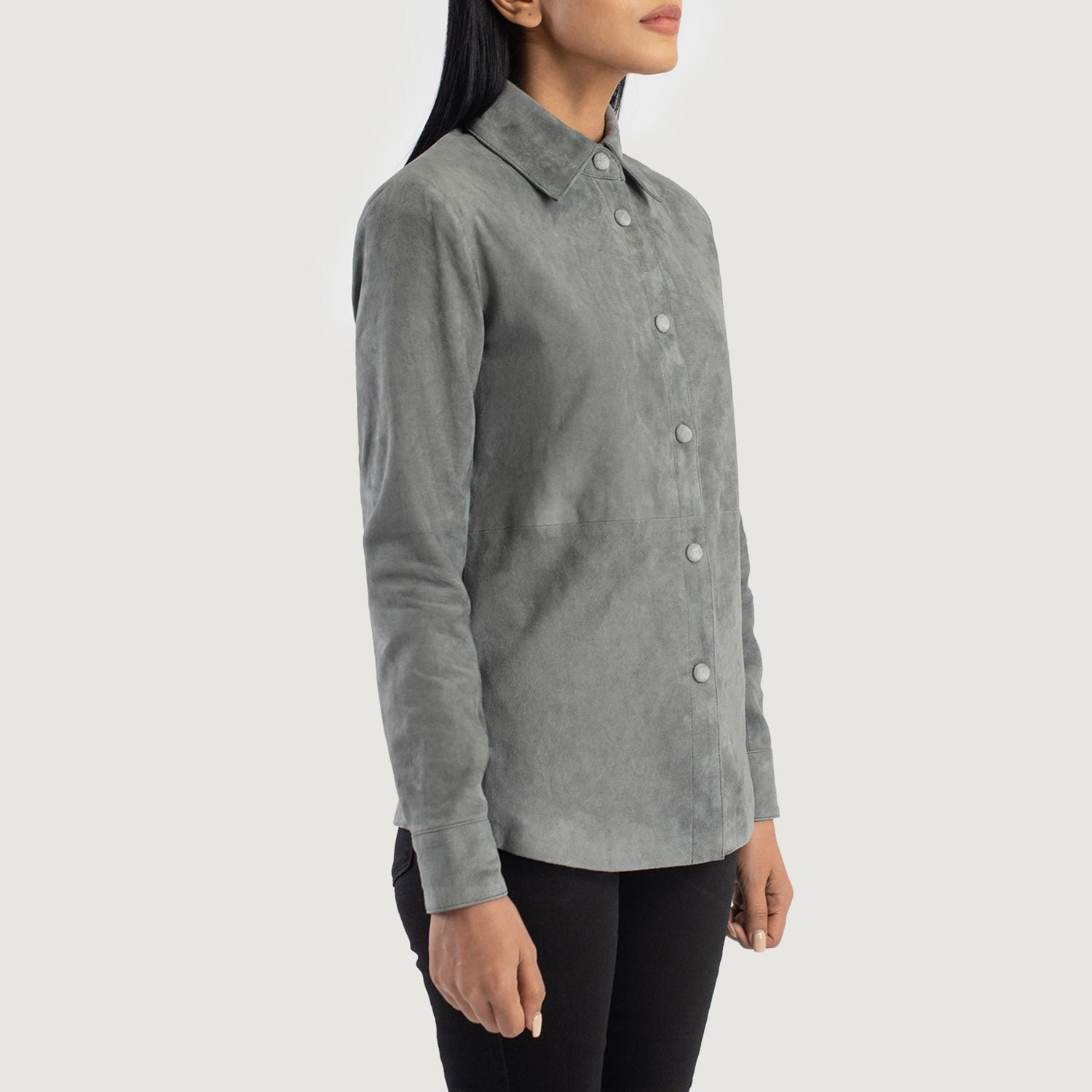 Women's Zenith Grey Suede Shirt Jacket, Stylish Button-Up Leather Overshirt, Modern Casual Shacket, Elegant Everyday Outerwear - Image 3