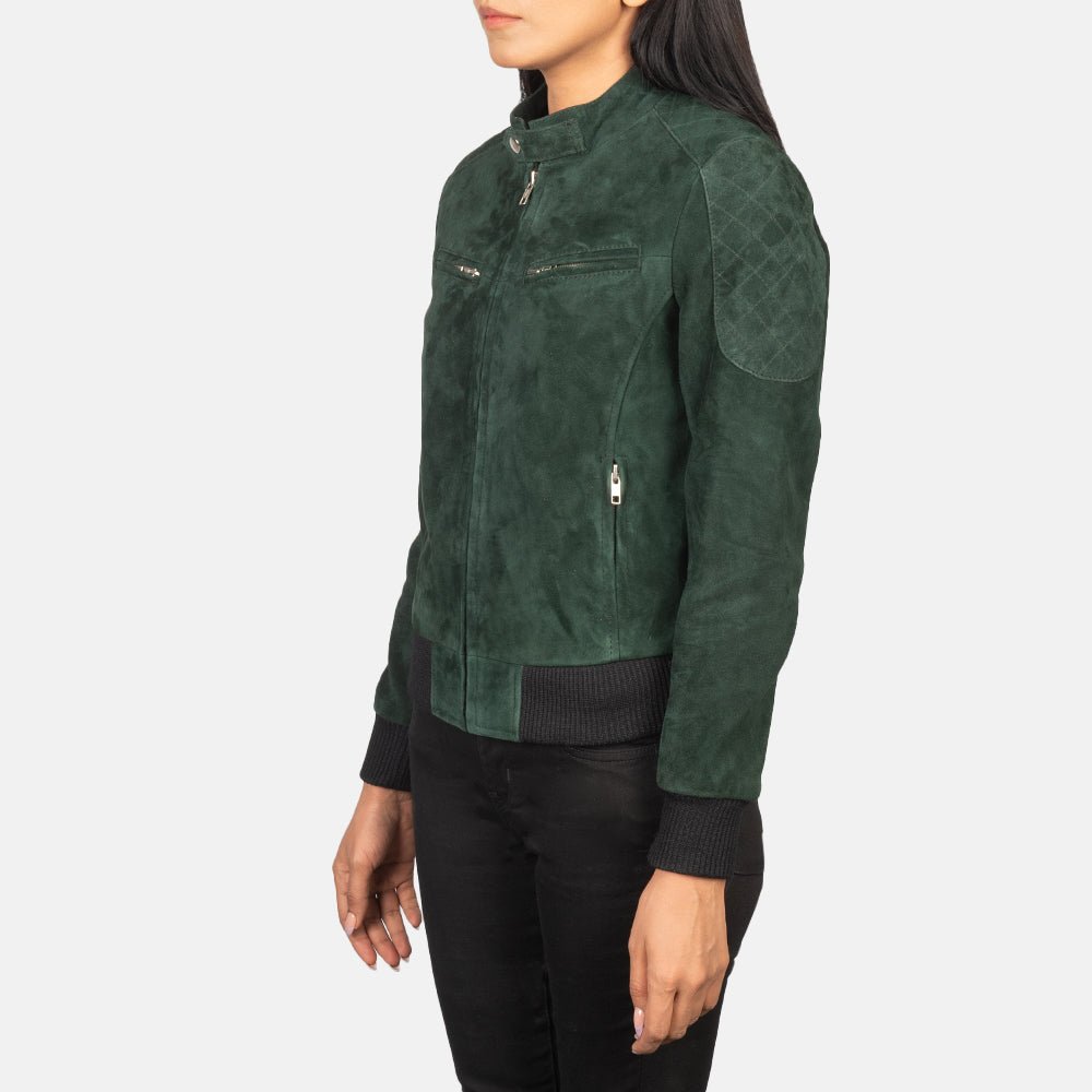 Zenna Green Suede Bomber Jacket for Women, Classic Casual Bomber Coat, Stylish Zip-Up Outerwear, Modern Everyday Streetwear - Image 6