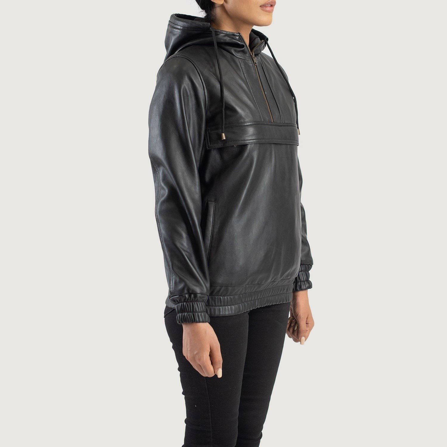 Zest Black Hooded Leather Pullover Jacket, Modern Casual Moto Outerwear, Stylish Hooded Jacket - Image 2