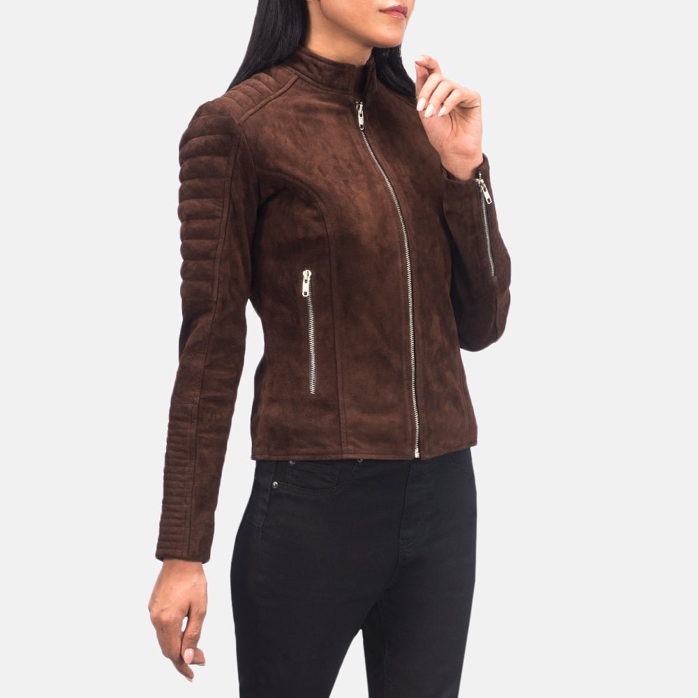 Adalyn Quilted Mocha Suede Biker Jacket for Women, Stylish Motorcycle Moto Coat, Diamond Quilted Suede Outerwear, Modern Casual Jacket - Image 5