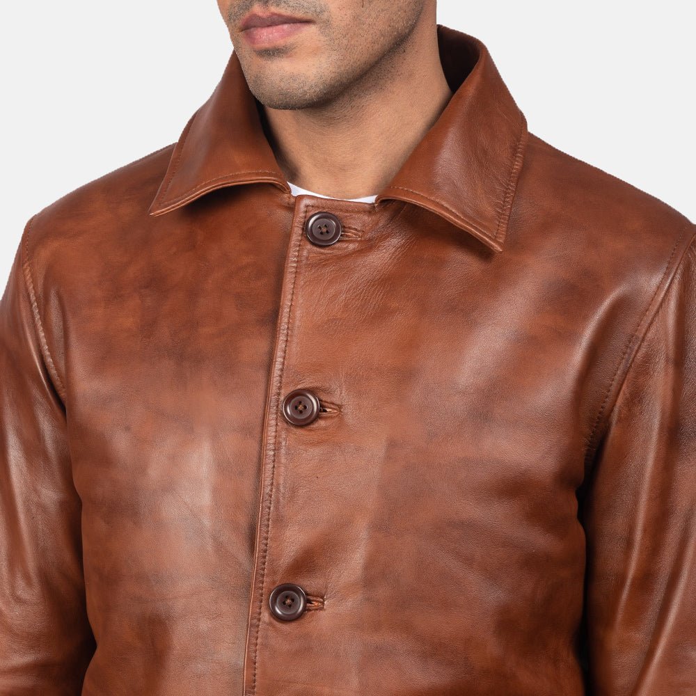 Men's Waffle Brown Leather Jacket, Stylish Textured Casual Outerwear - Image 4