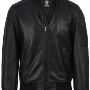 Bryan Men's Black Lambskin Leather Bomber Jacket, Premium Classic Casual Outerwear