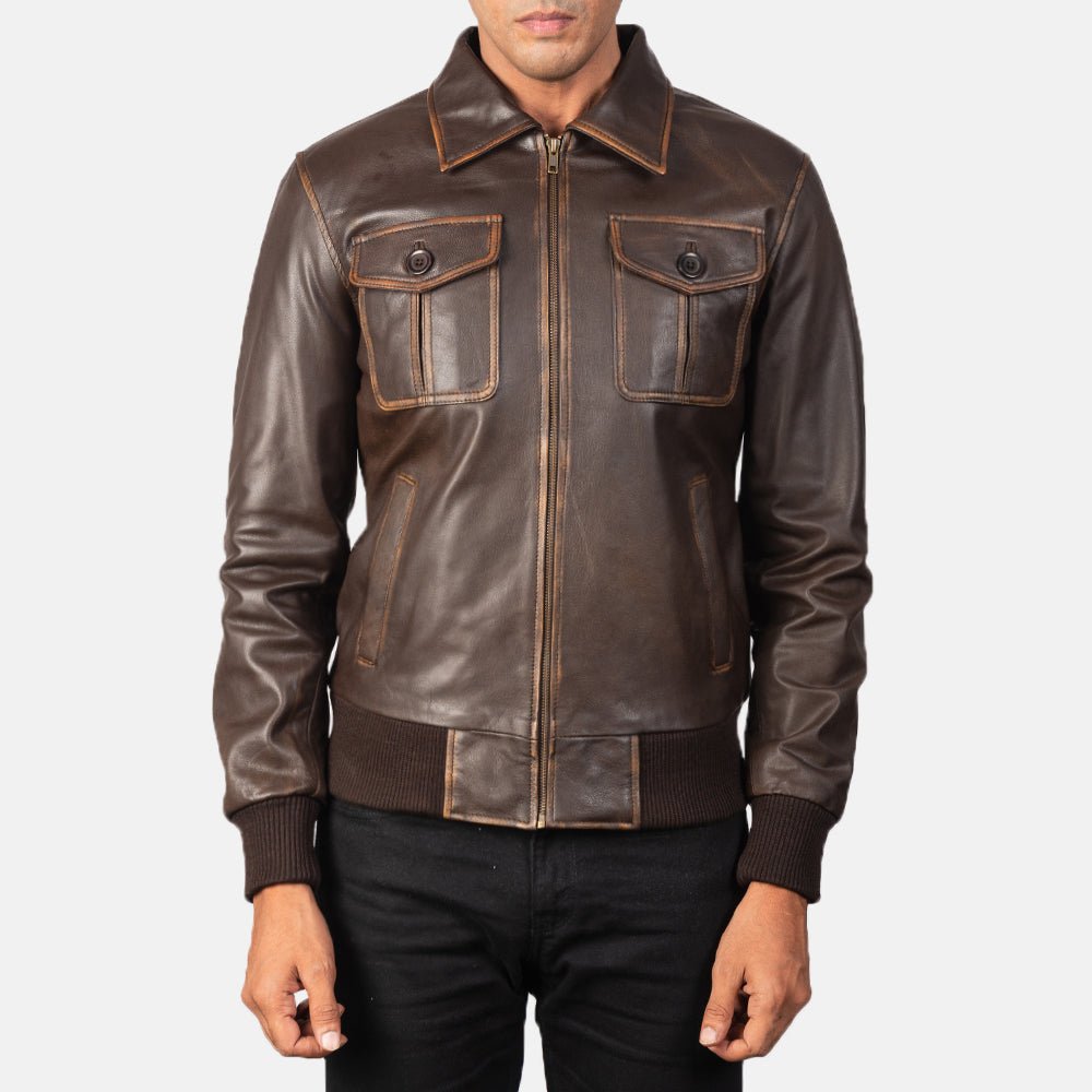 Aaron Brown Leather Bomber Jacket for Men, Vintage Aviator Flight Jacket, Classic Casual Streetwear Outerwear - Image 2