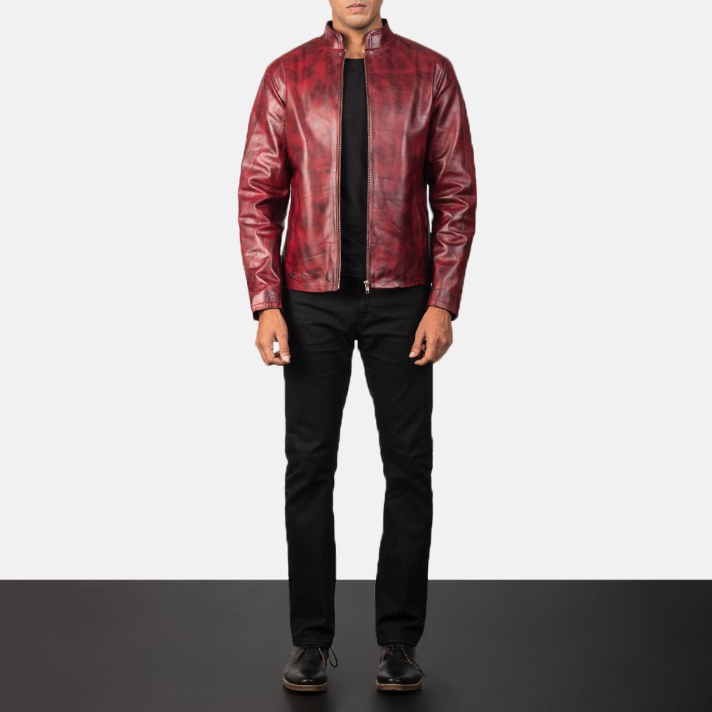 Men's Alex Distressed Burgundy Leather Jacket, Vintage Casual Outerwear - Image 2