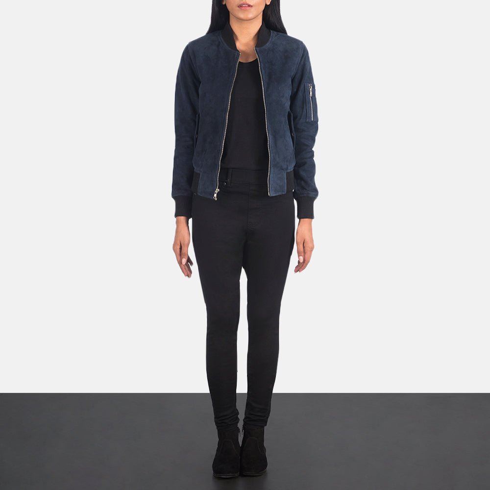 Ava MA-1 Blue Suede Bomber Jacket for Women, Classic Flight Jacket, Stylish Zip-Up Outerwear, Modern Casual Streetwear Coat - Image 3