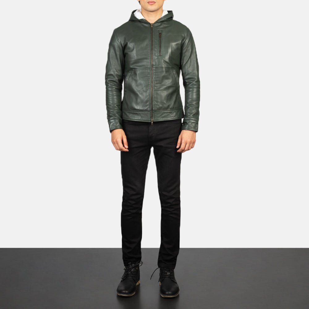 Baston Green Hooded Leather Bomber Jacket for Men, Classic Aviator Flight Jacket, Casual Streetwear Coat - Image 5