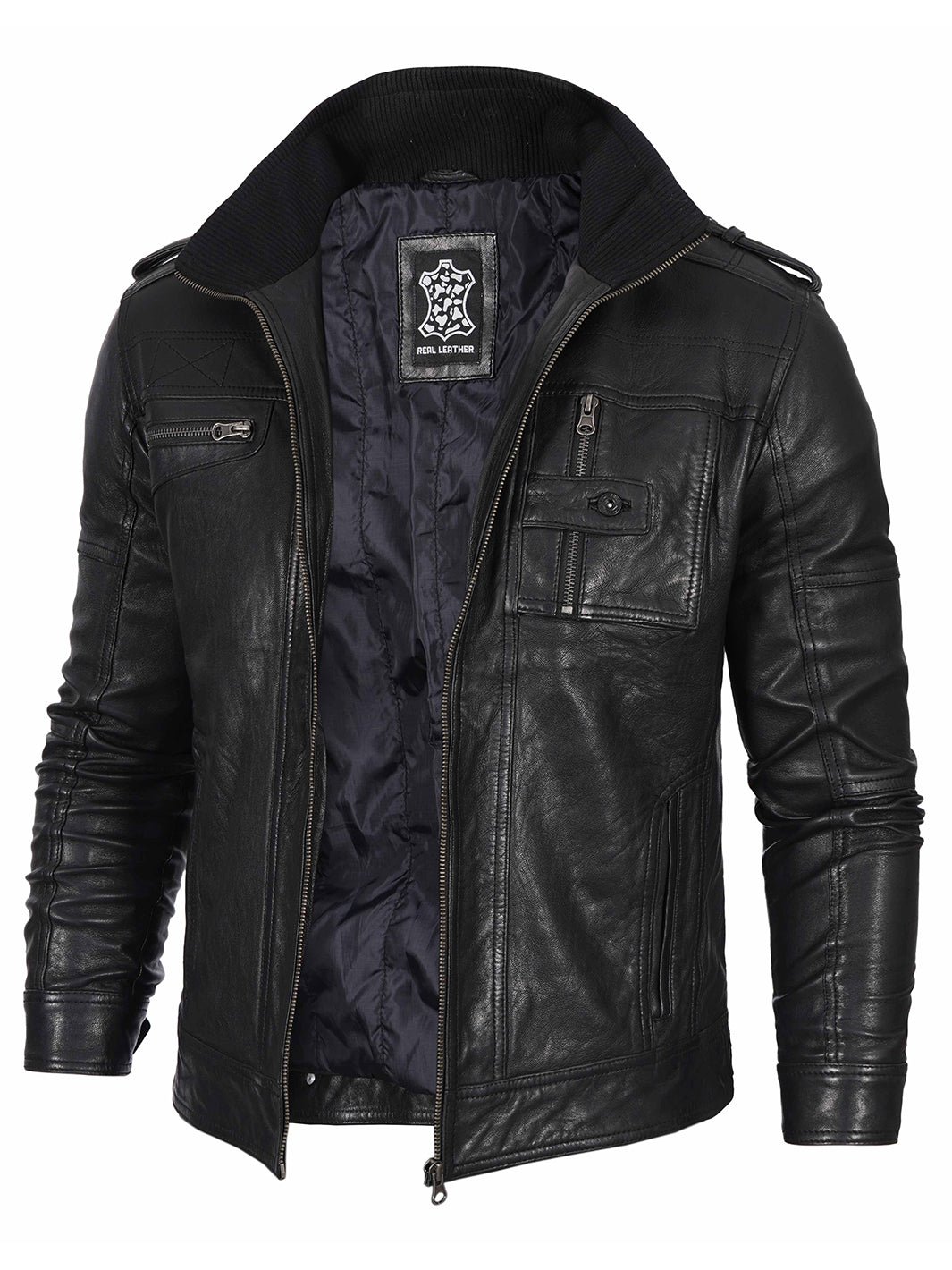 Men's Black Waxed Leather Jacket, Cafe Racer Motorcycle Jacket, Classic Biker Style Outerwear - Image 3