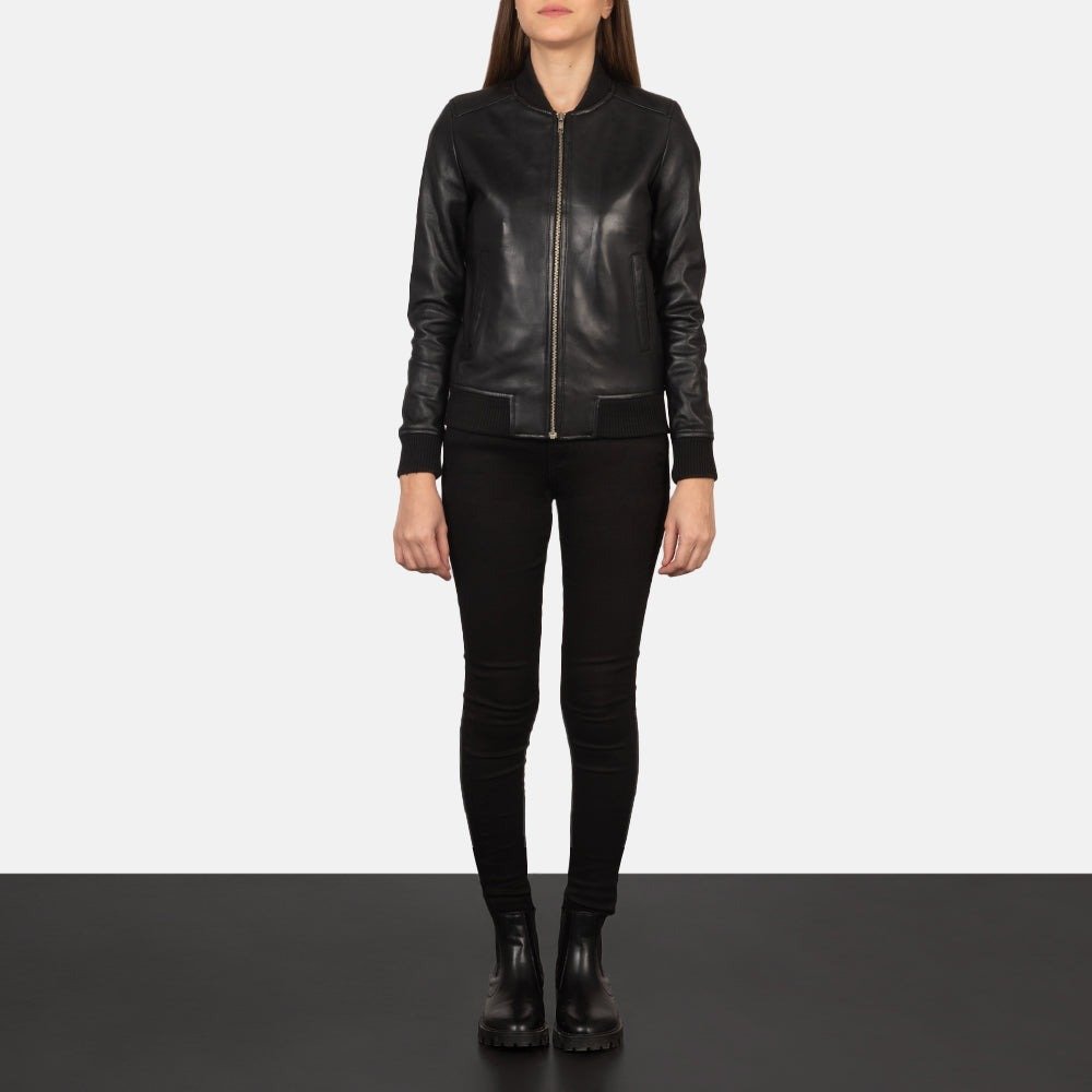 Women's Bliss Black Leather Bomber Jacket, Classic Zip-Up Bomber Coat, Stylish Casual Moto Jacket, Modern Streetwear Outerwear - Image 2