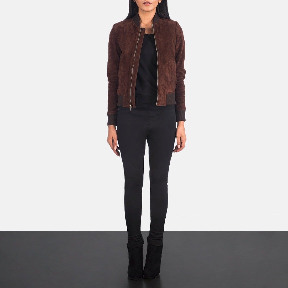 Bliss Brown Suede Bomber Jacket for Women, Classic Zip-Up Suede Coat, Stylish Casual Outerwear, Timeless Modern Streetwear - Image 5