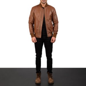 Bomia MA-1 Brown Leather Bomber Jacket for Men, Classic Aviator Flight Jacket, Vintage Casual Outerwear