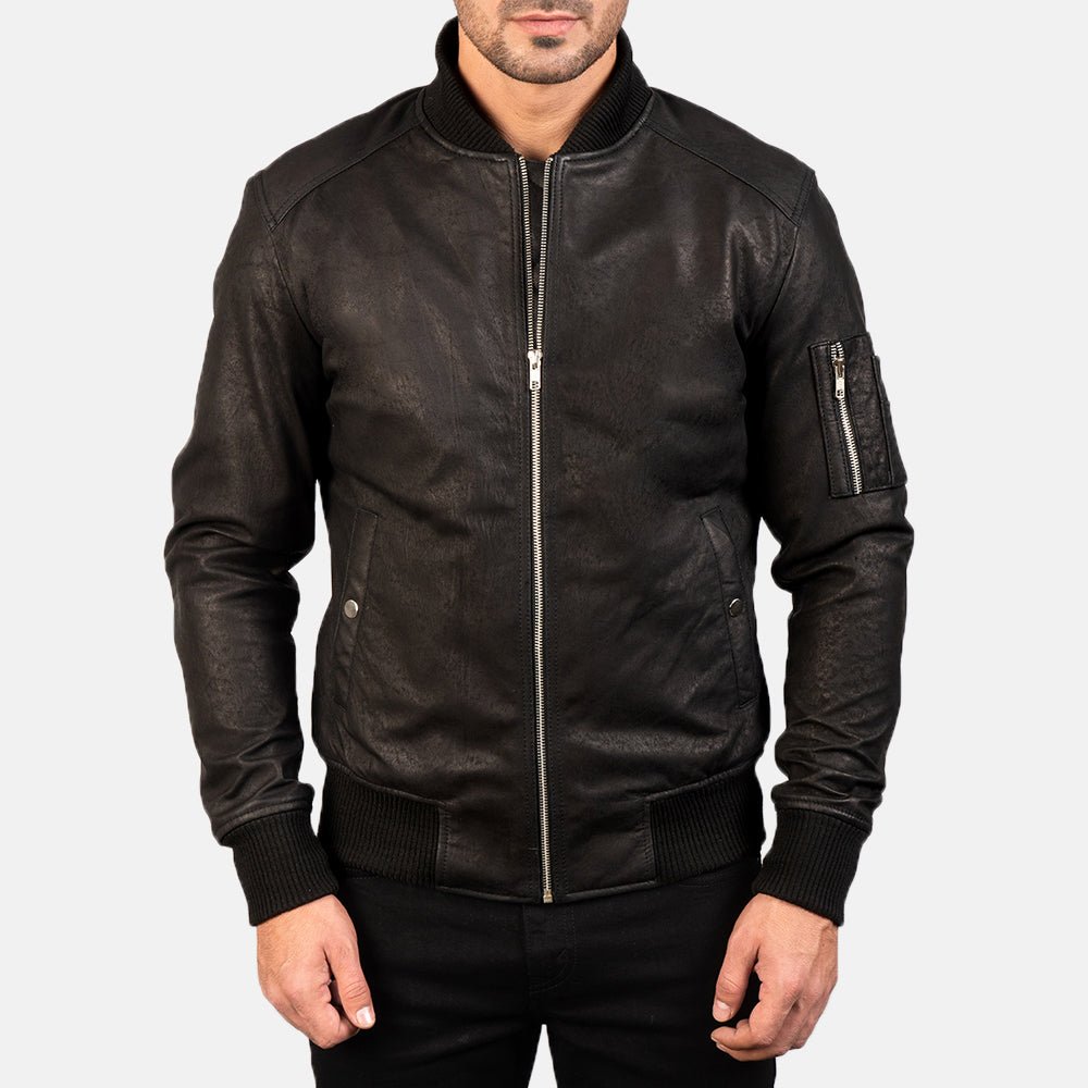 Bomia MA-1 Distressed Black Leather Bomber Jacket for Men, Vintage Aviator Flight Jacket, Rugged Military Style Outerwear - Image 5