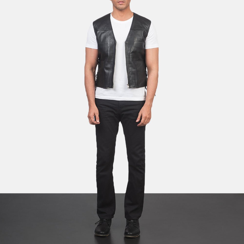 Brandon Black Leather Vest for Men, Classic Motorcycle Biker Vest, Sleeveless Leather Waistcoat, Rugged Moto Outerwear - Image 5
