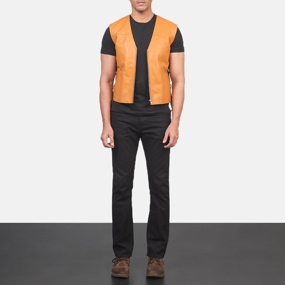 Brandon Tan Brown Leather Vest for Men, Classic Biker Motorcycle Vest, Sleeveless Leather Waistcoat, Rugged Vintage Moto Outerwear - Image 4