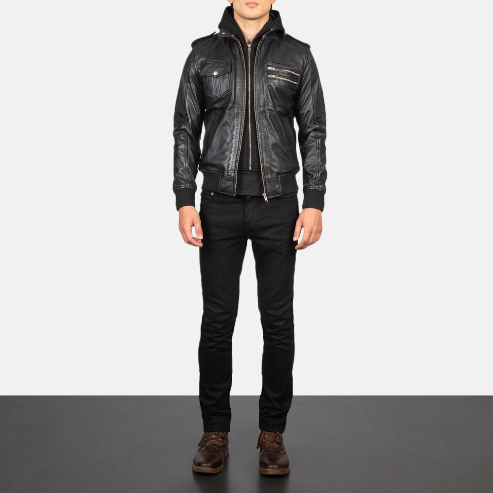 Bravado Black Hooded Leather Bomber Jacket for Men, Classic Zip-Up Moto Jacket, Casual Hooded Outerwear, Modern Streetwear - Image 3