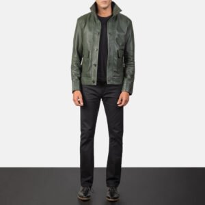 Columbus Green Leather Bomber Jacket for Men, Classic Aviator Flight Jacket, Vintage Casual Streetwear Outerwear
