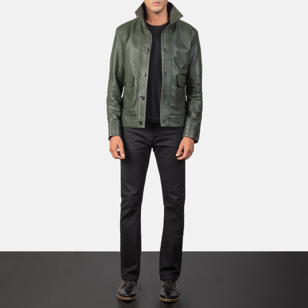 Columbus Green Leather Bomber Jacket for Men, Classic Aviator Flight Jacket, Vintage Casual Streetwear Outerwear