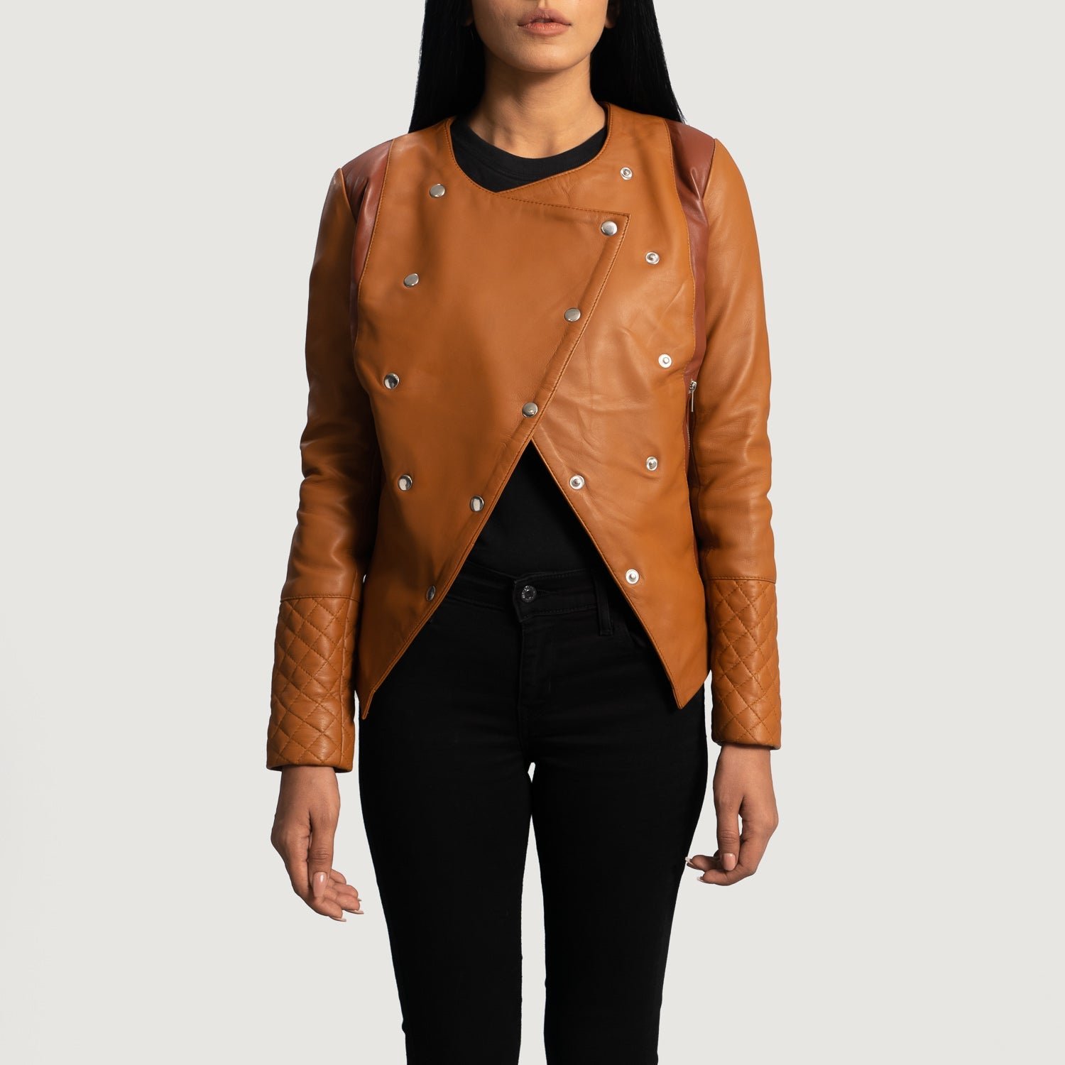 County Tan Overlap Leather Jacket, Stylish Layered Moto Jacket, Classic Modern Outerwear - Image 5