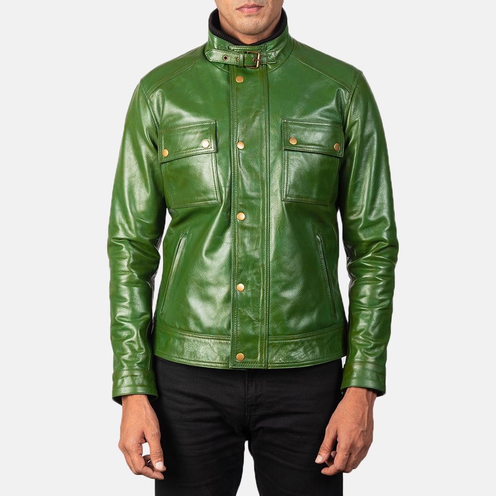 Men's Darren Distressed Green Leather Biker Jacket, Vintage Moto Style - Image 4