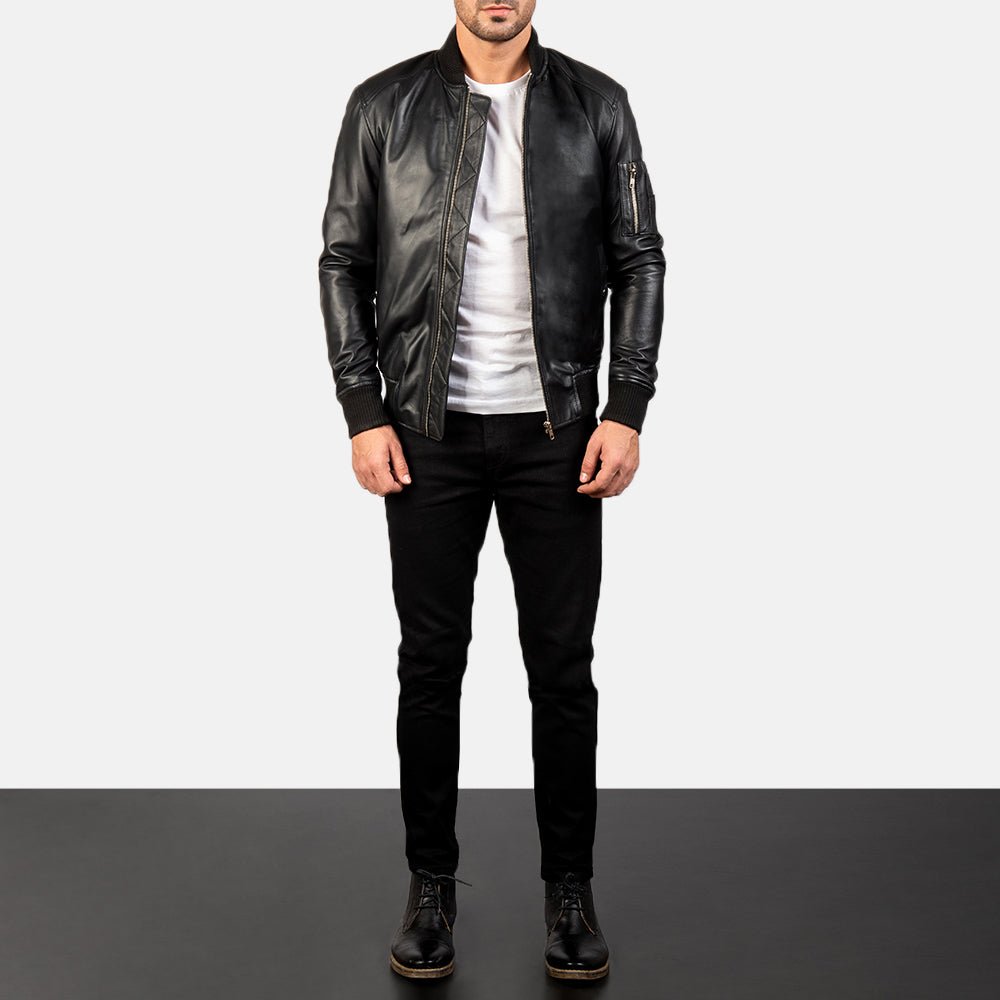 Bomia MA-1 Black Leather Bomber Jacket for Men, Classic Flight Jacket, Vintage Aviator Motorcycle Outerwear - Image 3