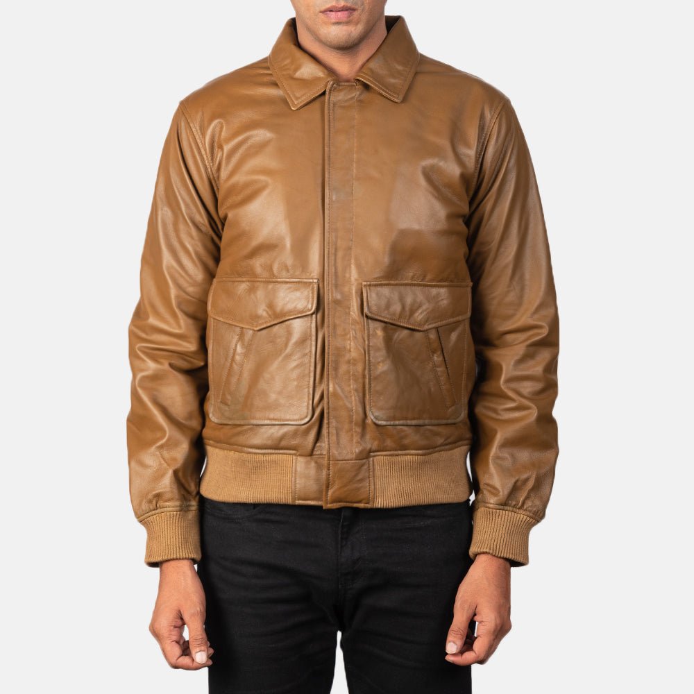 Coffmen Olive Brown A2 Leather Bomber Jacket for Men, Vintage Aviator Flight Jacket, Classic Military Style Outerwear - Image 4
