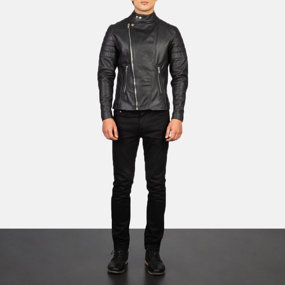 Men's Faisor Black Leather Biker Jacket, Classic Motorcycle Moto Style - Image 4