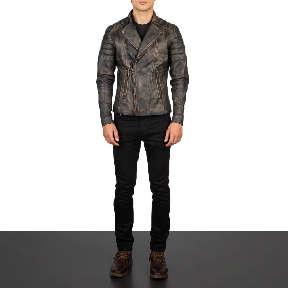 Men's Faisor Distressed Brown Leather Biker Jacket, Vintage Moto Style - Image 2