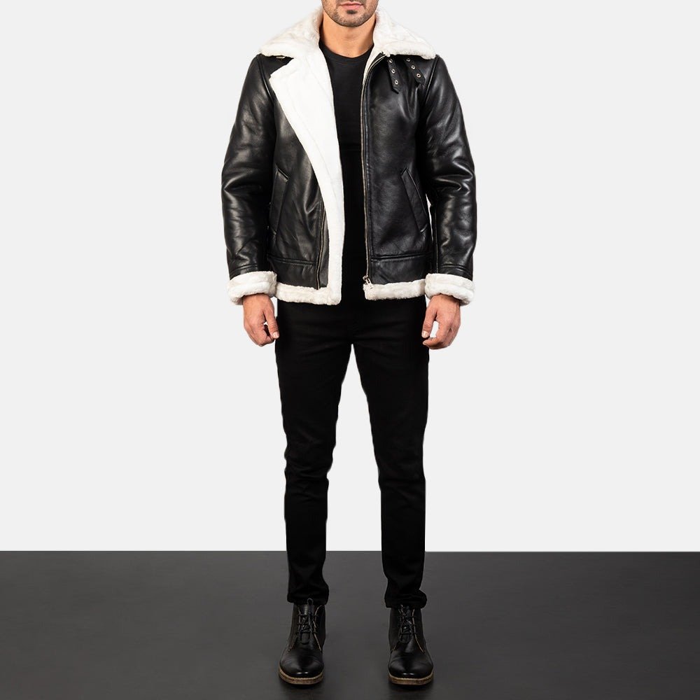 Francis B-3 Black & White Leather Bomber Jacket for Men, Shearling Aviator Flight Jacket, Vintage Winter Outerwear - Image 6