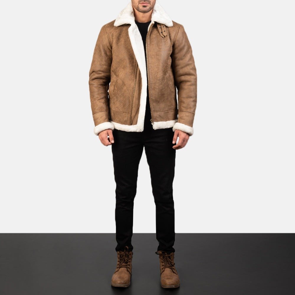 Francis B-3 Distressed Brown Leather Bomber Jacket for Men, Vintage Shearling Aviator Flight Jacket, Winter Outerwear - Image 4