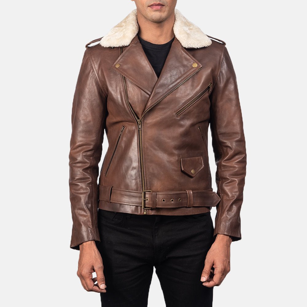 Men's Furton Brown Leather Biker Jacket, Classic Motorcycle Style - Image 2