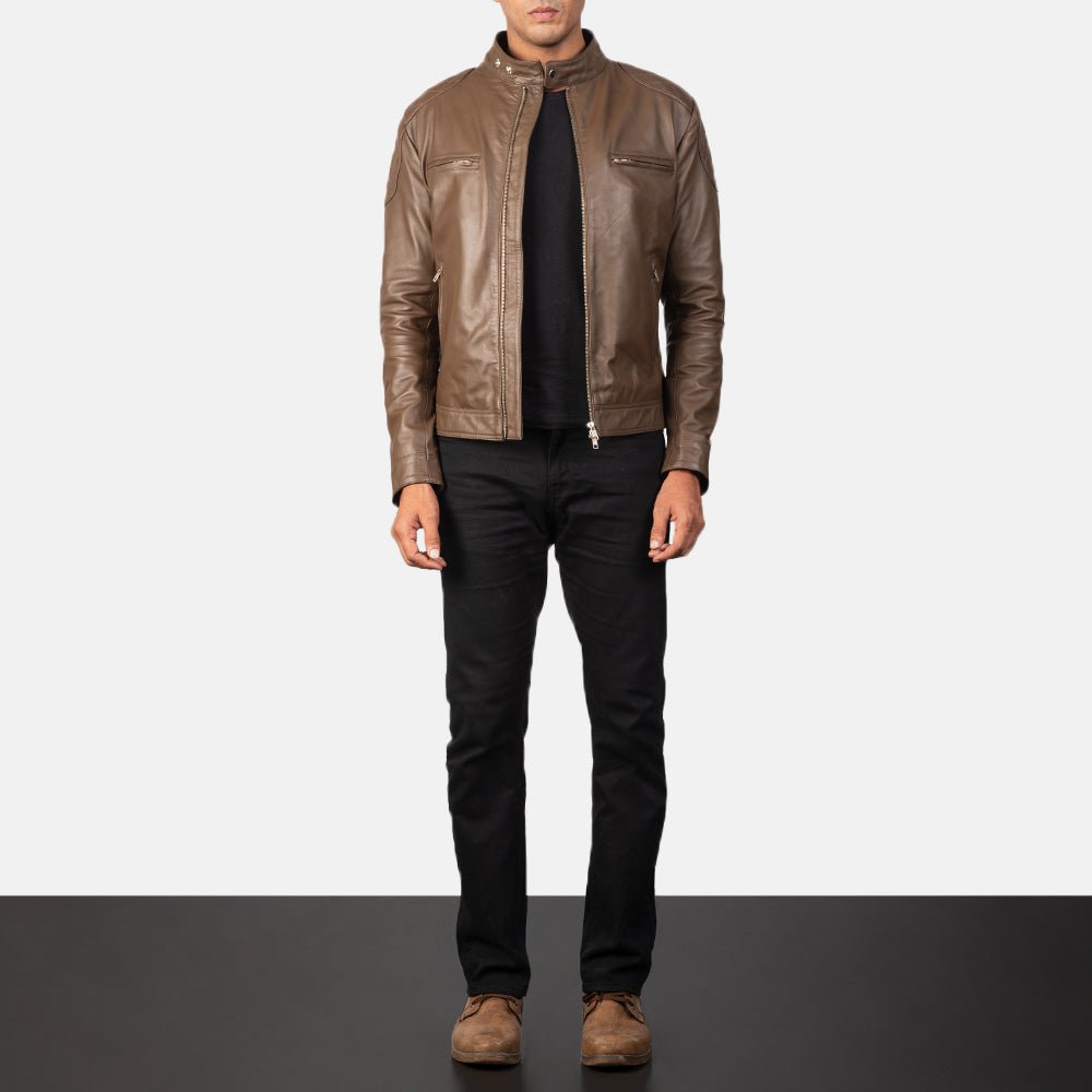 Men's Gatsby Mocha Leather Biker Jacket, Classic Motorcycle Style - Image 4