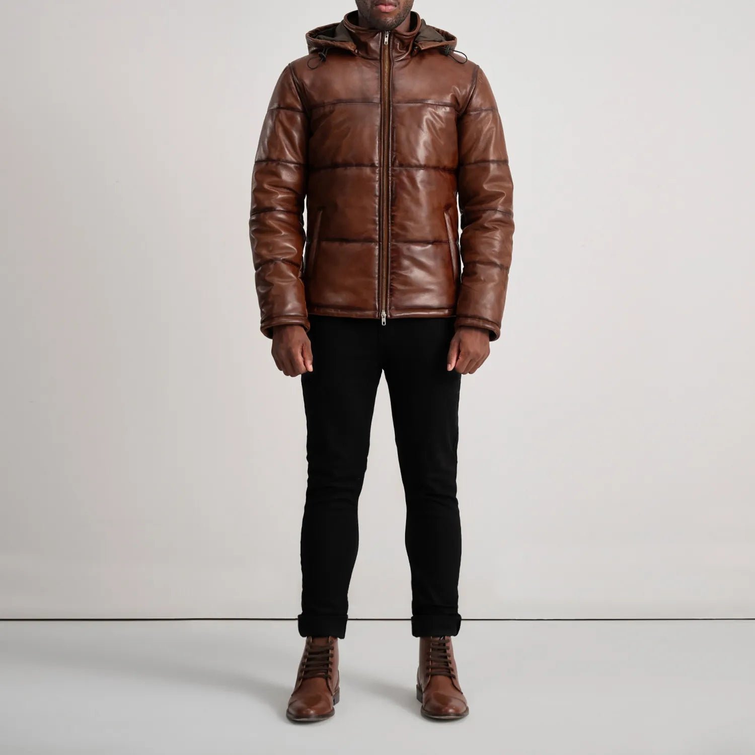 Gordon Waxed Brown Hooded Leather Puffer Jacket for Men, Winter Padded Jacket, Casual Hooded Outerwear, Rugged Streetwear Coat - Image 2