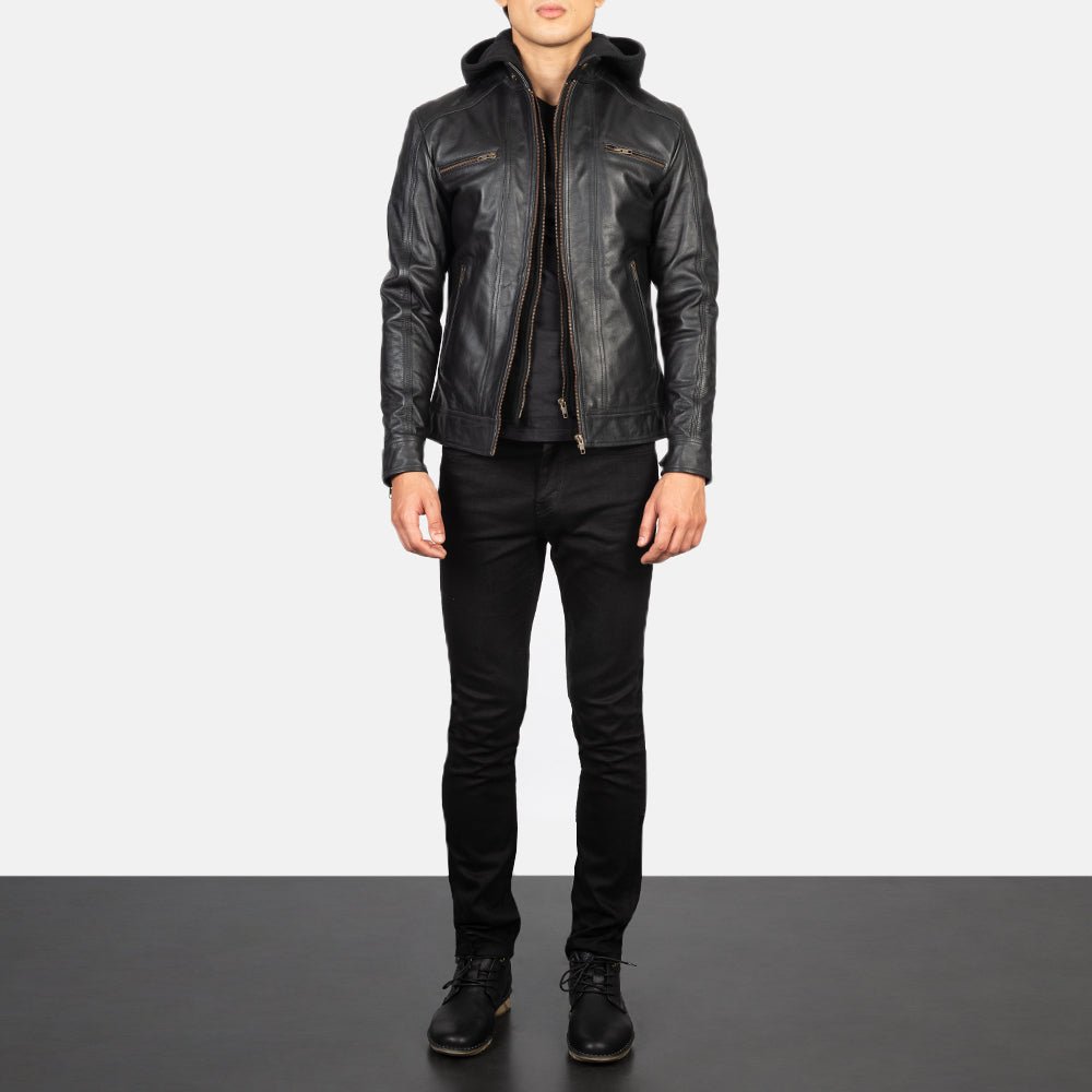 Bravado Black Hooded Leather Bomber Jacket for Men, Classic Zip-Up Moto Jacket, Casual Hooded Outerwear, Modern Streetwear - Image 5