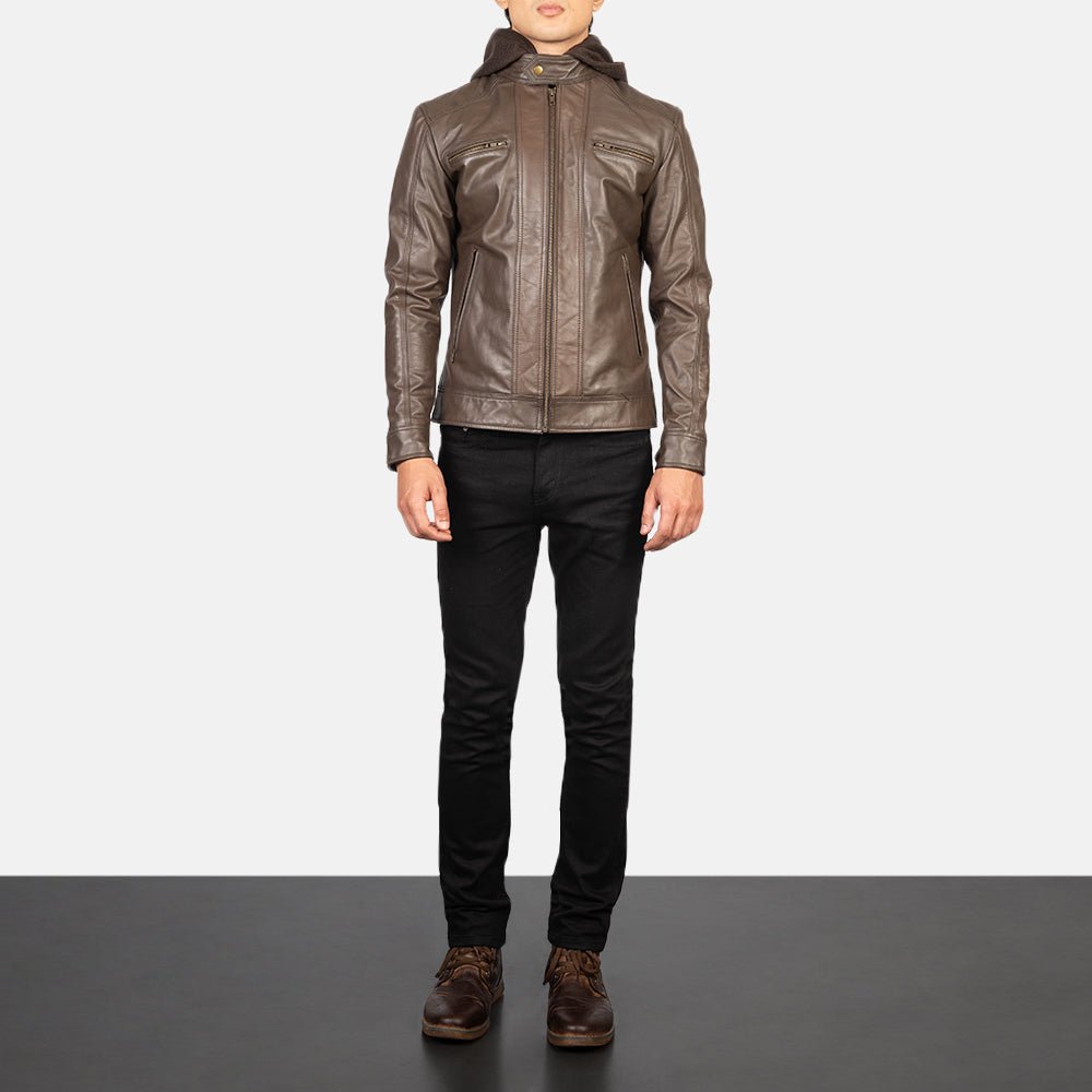 Men's Hector Brown Hooded Leather Biker Jacket, Stylish Moto Outerwear - Image 4