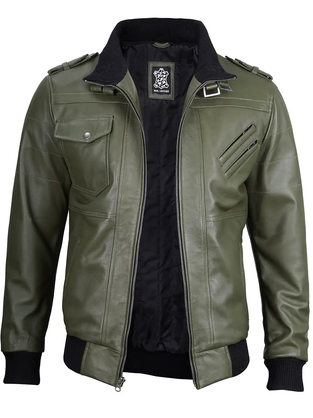 Men's Military Green Leather Jacket with Removable Hood, Stylish Casual Biker Jacket - Image 3