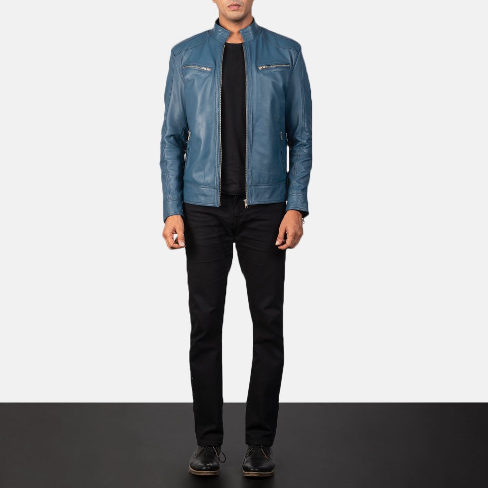 Men's Mack Blue Leather Biker Jacket, Classic Motorcycle Moto Style - Image 2