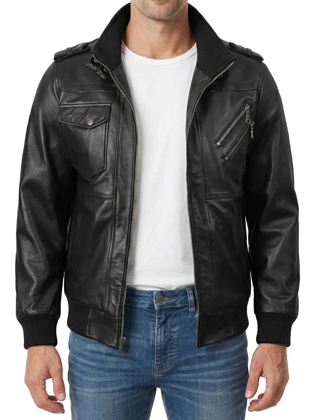 Men's Black Bomber Leather Jacket with Removable Hood, Stylish Casual Biker Outerwear - Image 4