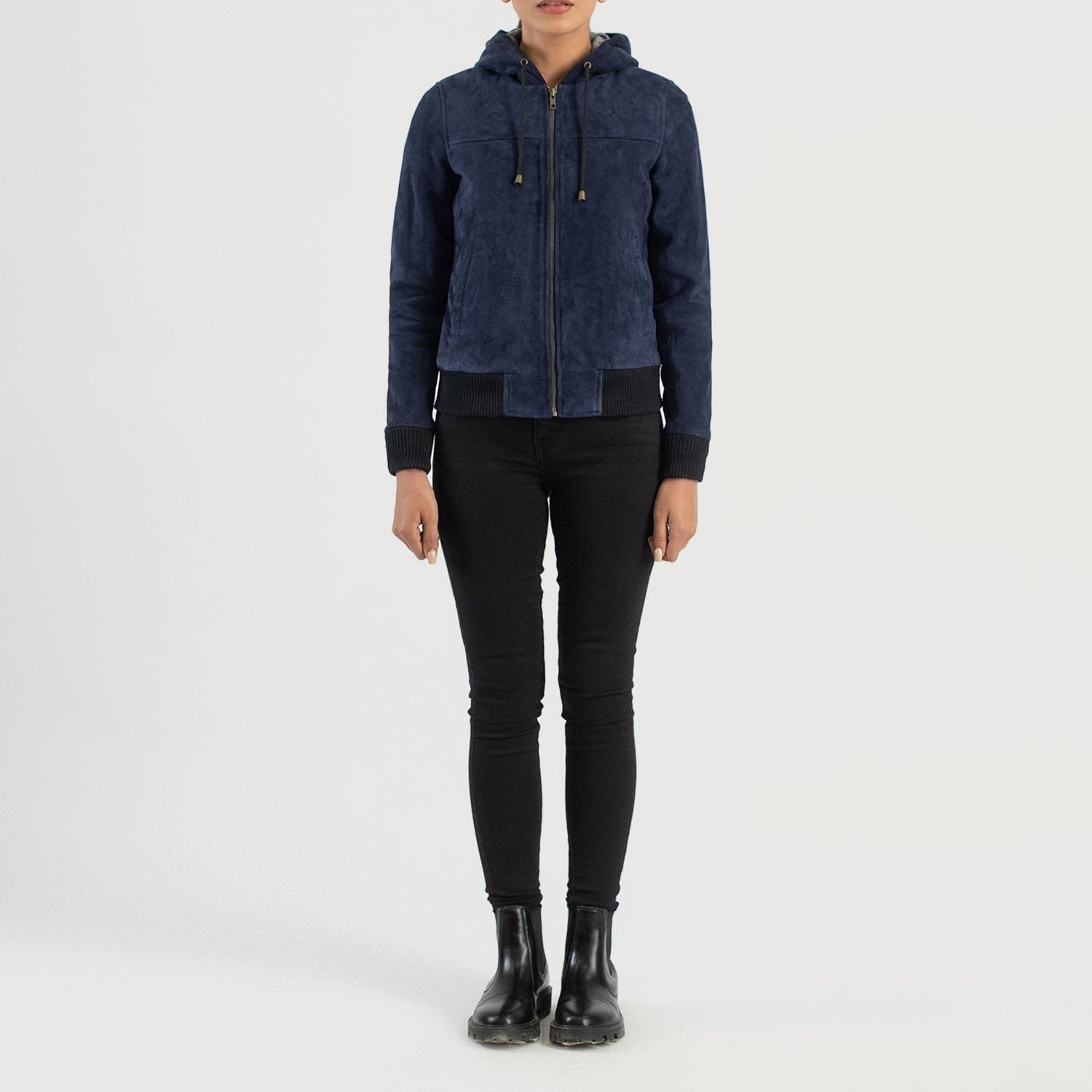 Rebella Blue Hooded Suede Bomber Jacket for Women, Stylish Zip-Up Bomber Coat, Casual Hooded Outerwear, Modern Streetwear Jacket - Image 2