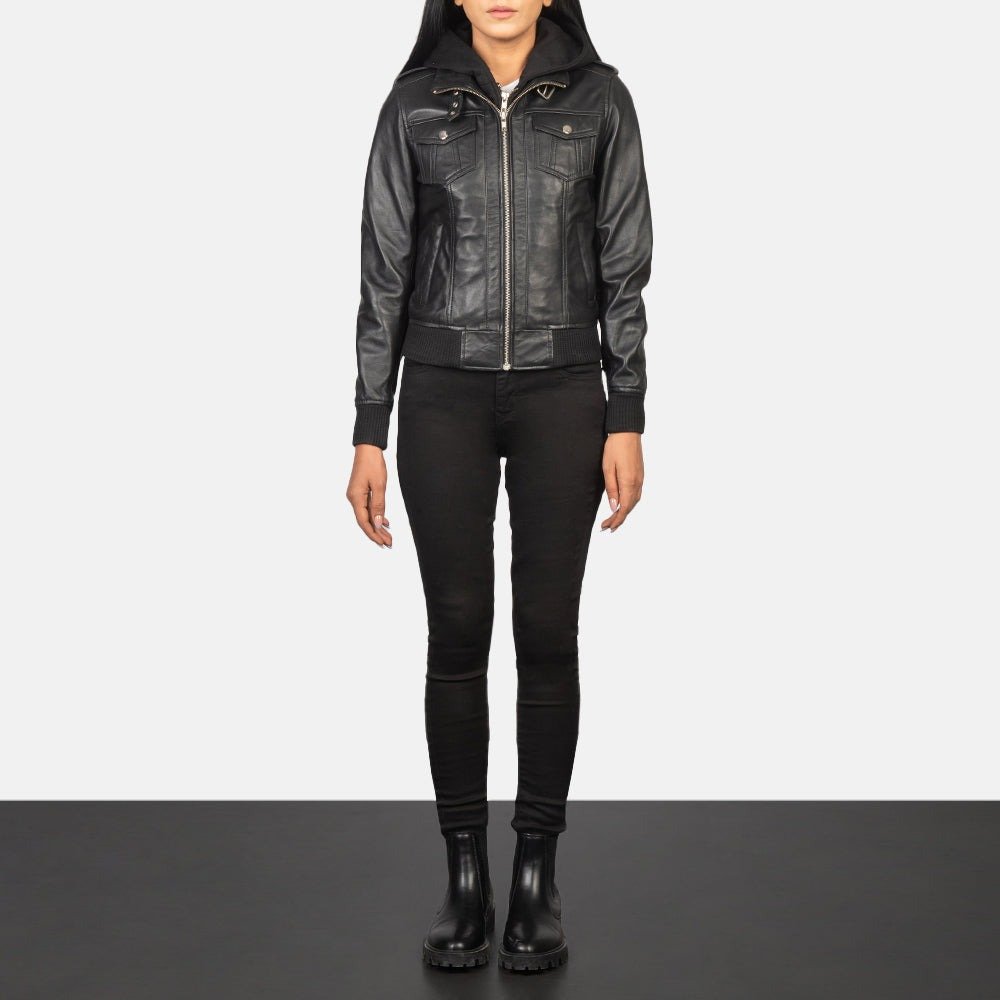 Roslyn Black Hooded Leather Bomber Jacket, Stylish Casual Moto Outerwear, Modern Streetwear - Image 3
