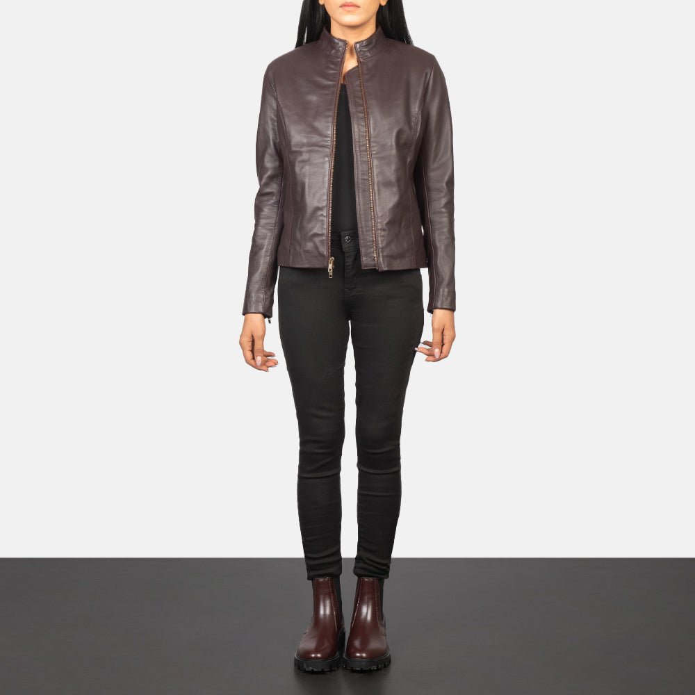 Rumella Maroon Leather Biker Jacket for Women, Stylish Moto Jacket, Classic Motorcycle Outerwear - Image 5