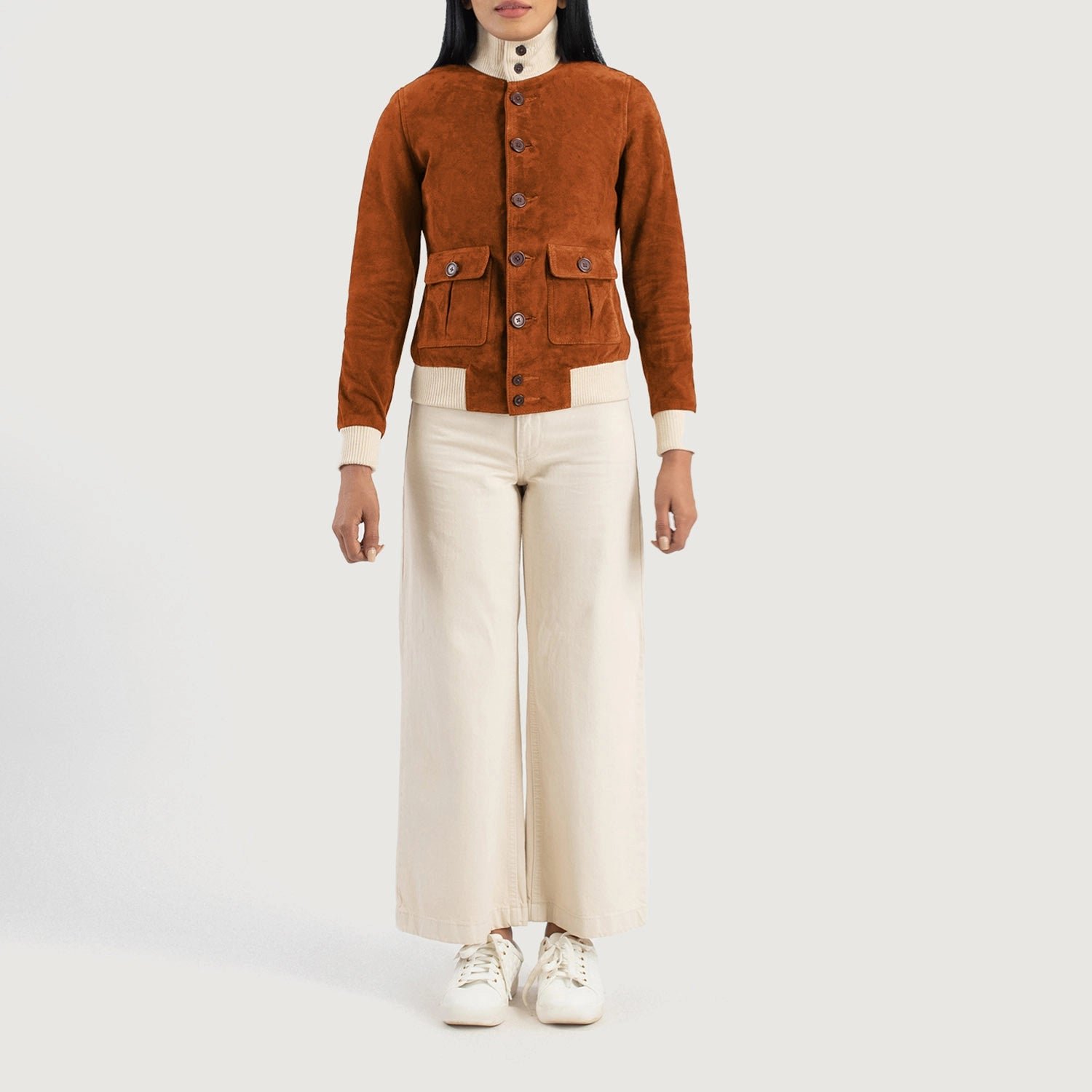 Sasha A1 Brown Suede Bomber Jacket for Women, Classic Aviator Flight Jacket, Stylish Zip-Up Suede Coat, Modern Casual Outerwear - Image 4