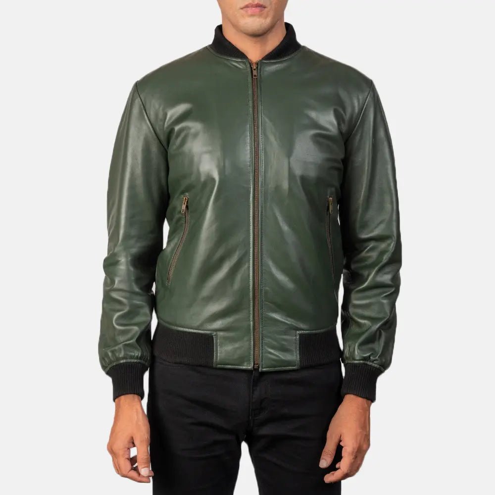 Men's Shane Green Leather Bomber Jacket, Stylish Classic Bomber Outerwear - Image 4