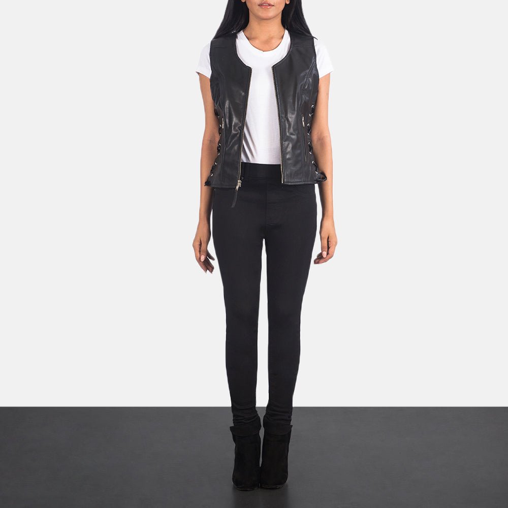 Vanda Black Leather Biker Vest, Classic Motorcycle Waistcoat, Sleeveless Moto Fashion - Image 3