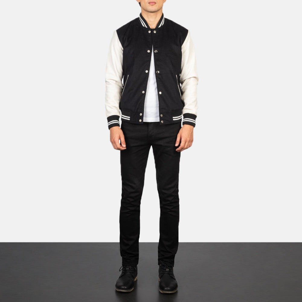 Vaxton Black & White Hybrid Varsity Jacket for Men, Classic Letterman Jacket, Two Tone Bomber Coat, Stylish Streetwear Outerwear - Image 6
