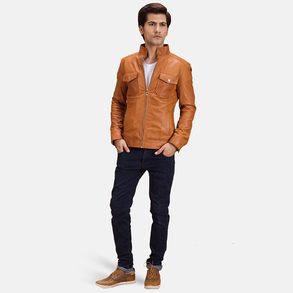 Men's Voltex Tan Leather Biker Jacket, Stylish Classic Motorcycle Outerwear - Image 3